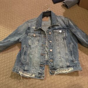 Blank NYC  Cropped Blue Denim Jacket Red Zippers